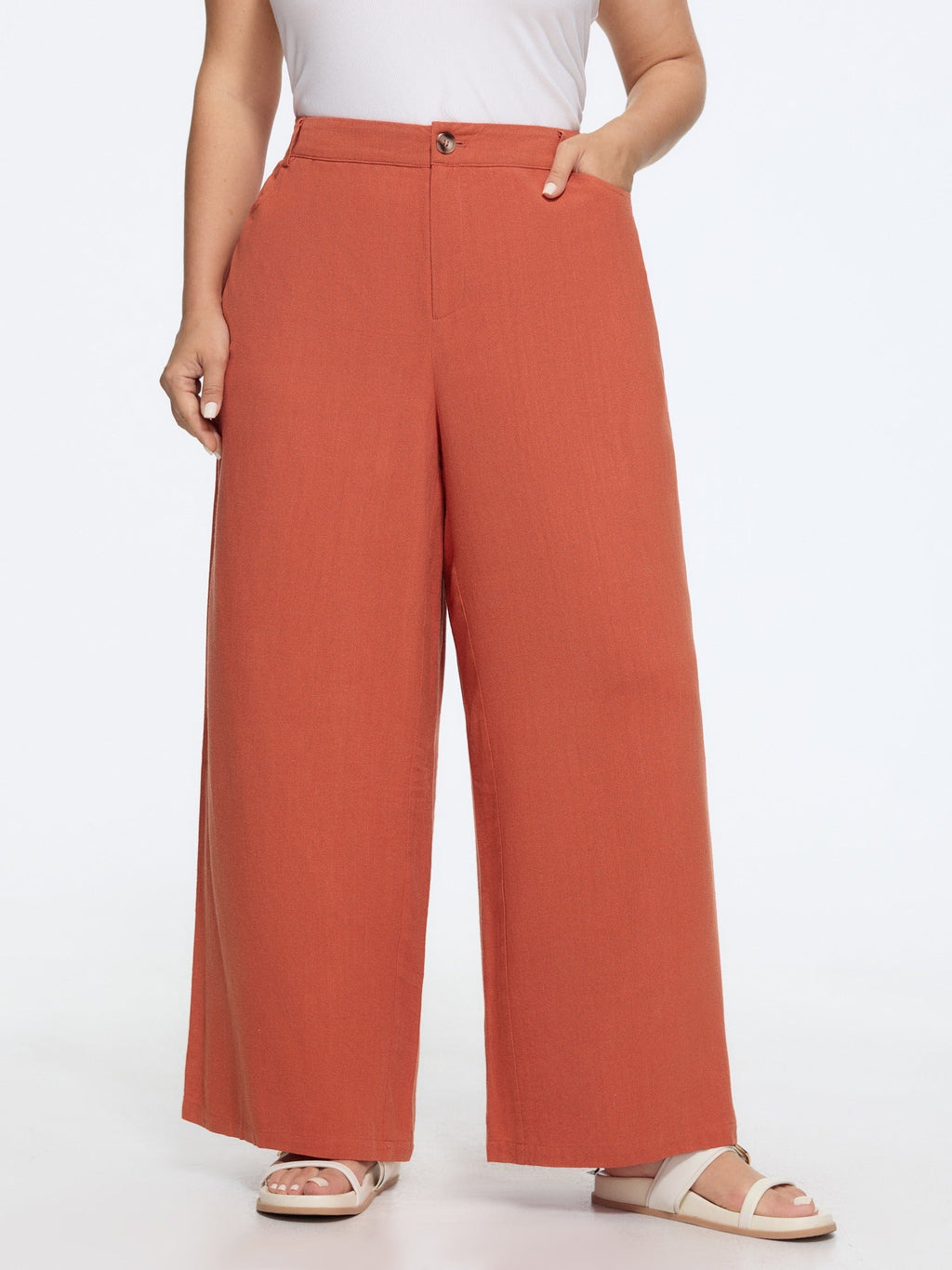 Linen Blend High Waist Straight-Leg Pants