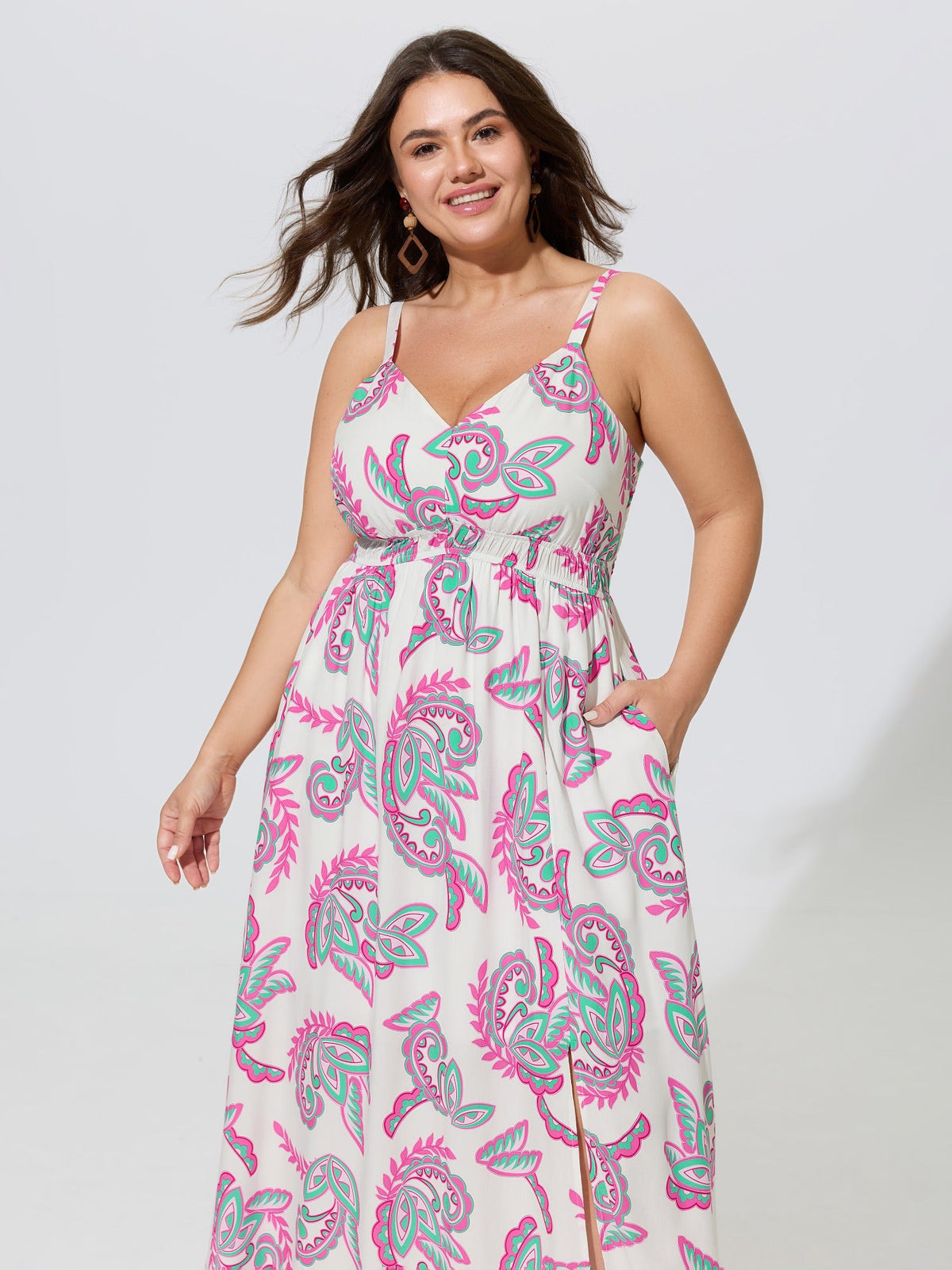 Supersoft Paisley Print Shirred Waist Adjustable Strap Maxi Dress