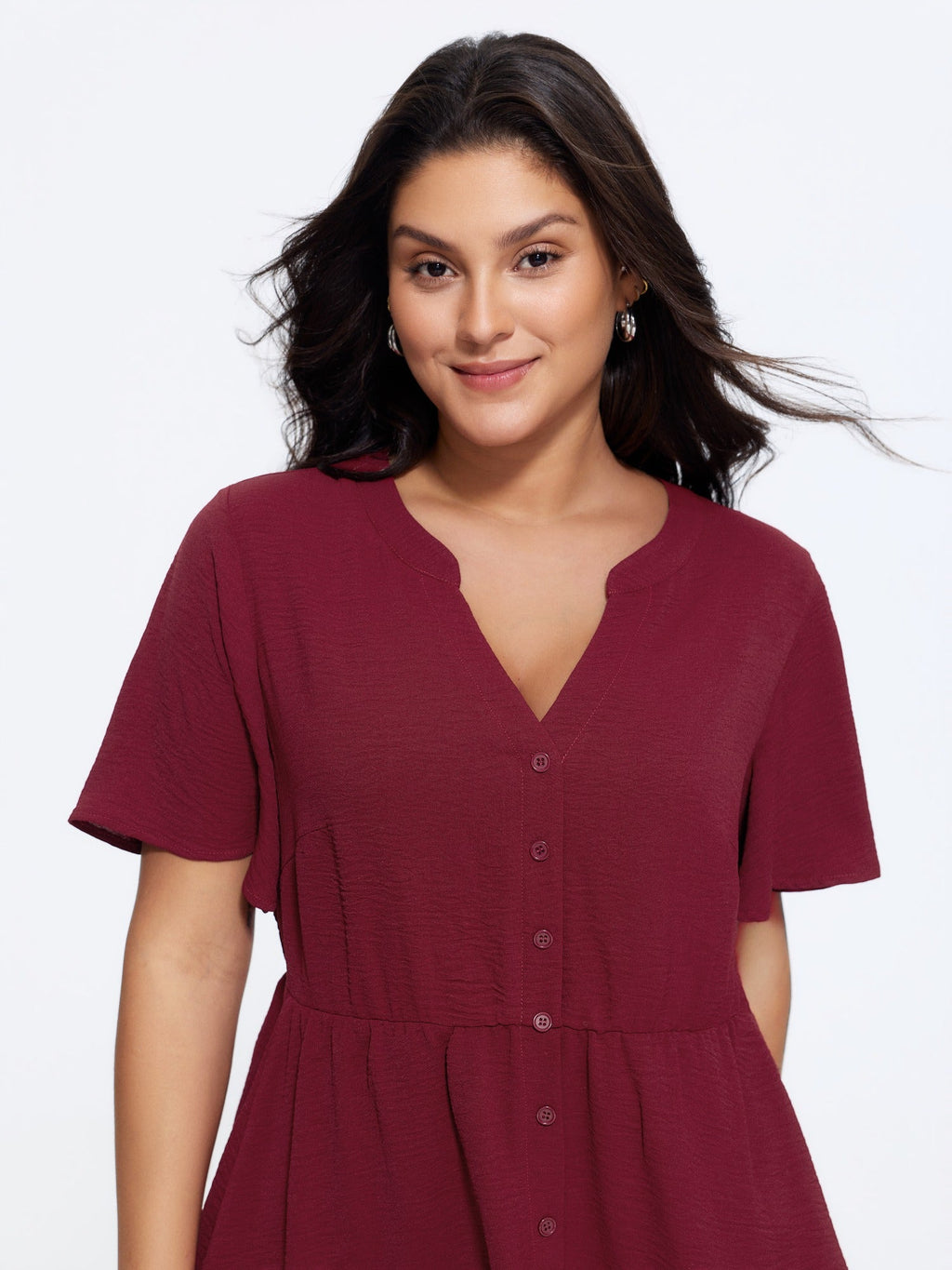 Solid V Neck Ruffle Sleeve Babydoll Blouse