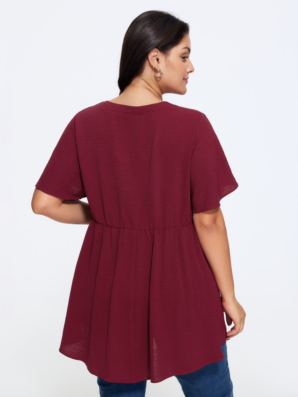 Solid V Neck Ruffle Sleeve Babydoll Blouse