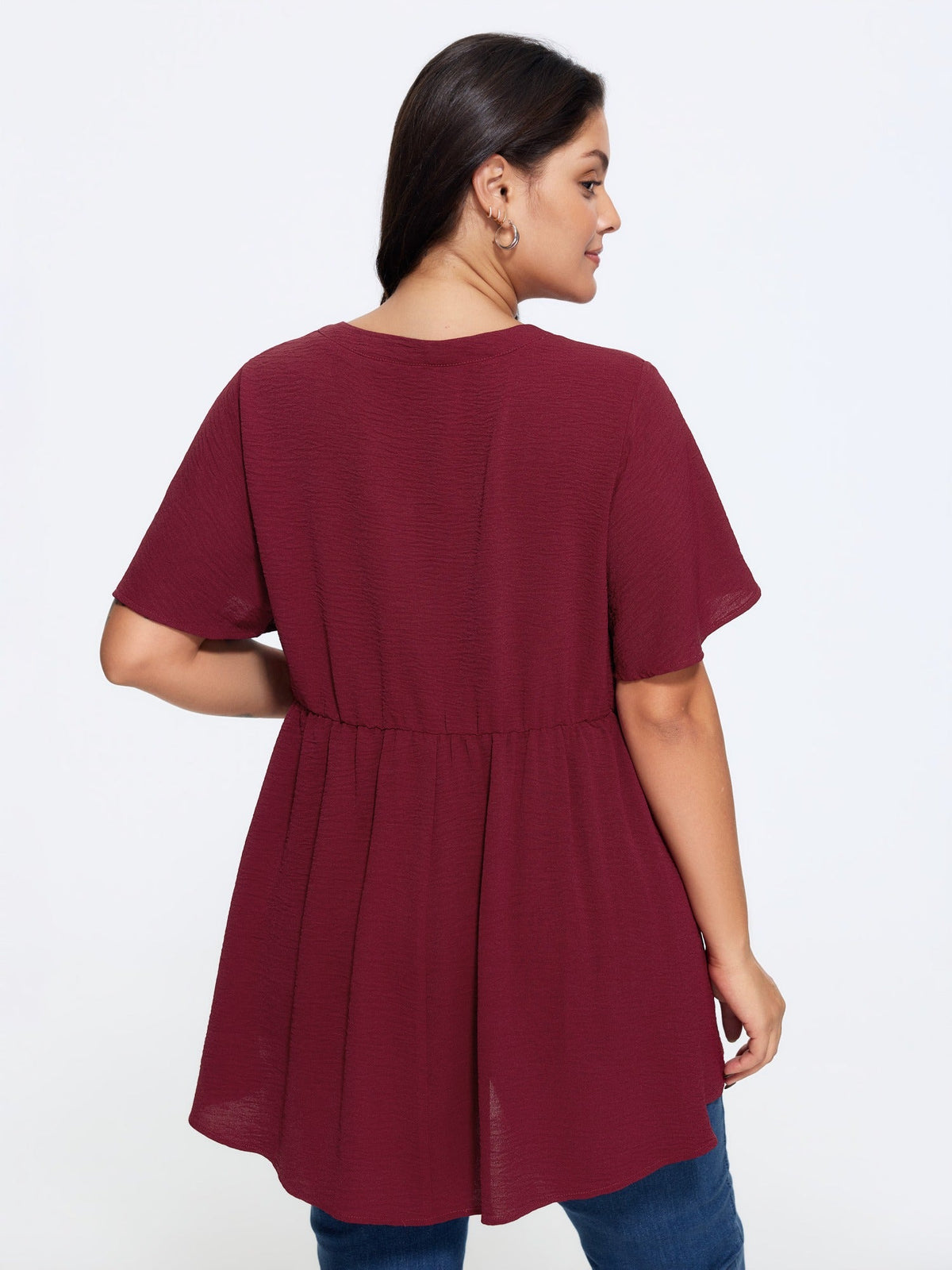 Solid V Neck Ruffle Sleeve Babydoll Blouse