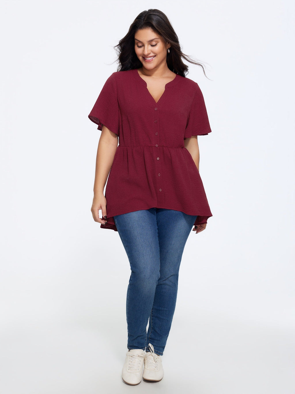 Solid V Neck Ruffle Sleeve Babydoll Blouse