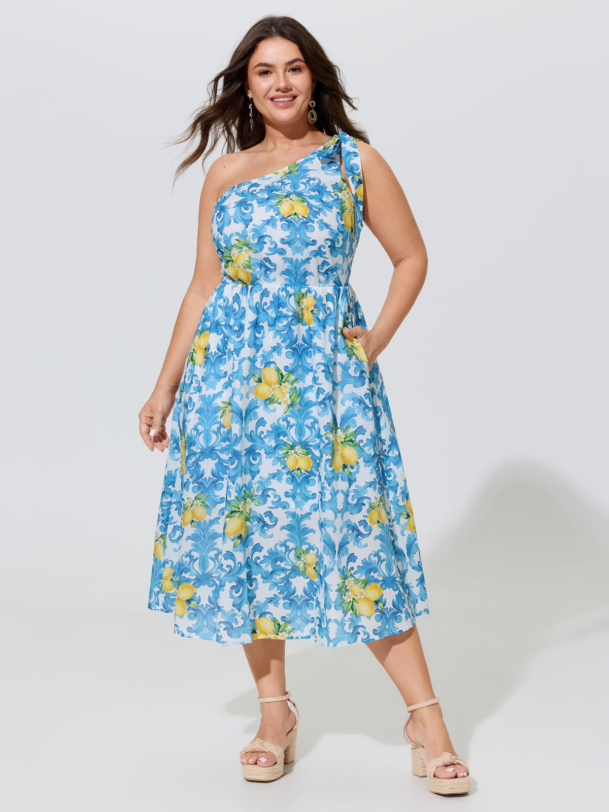 Cotton Lemon Baroque Print One Shoulder Midi Dress