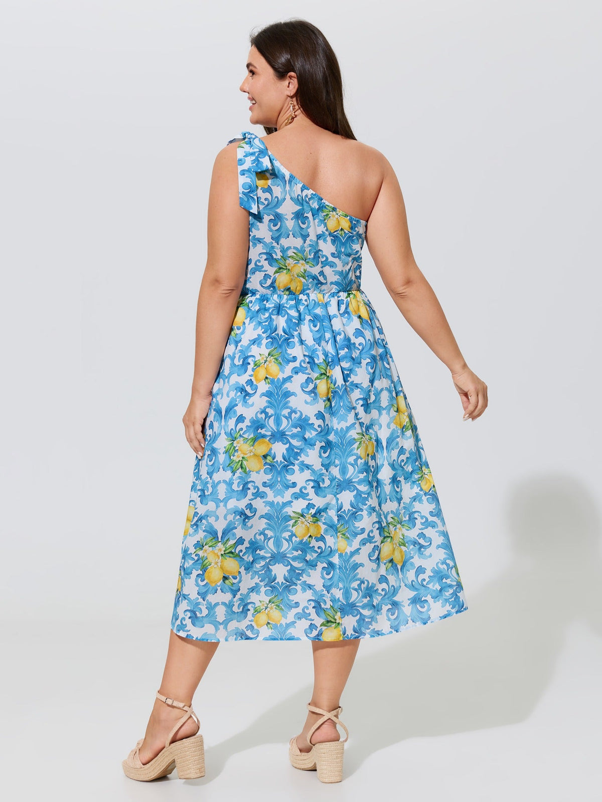Cotton Lemon Baroque Print One Shoulder Midi Dress