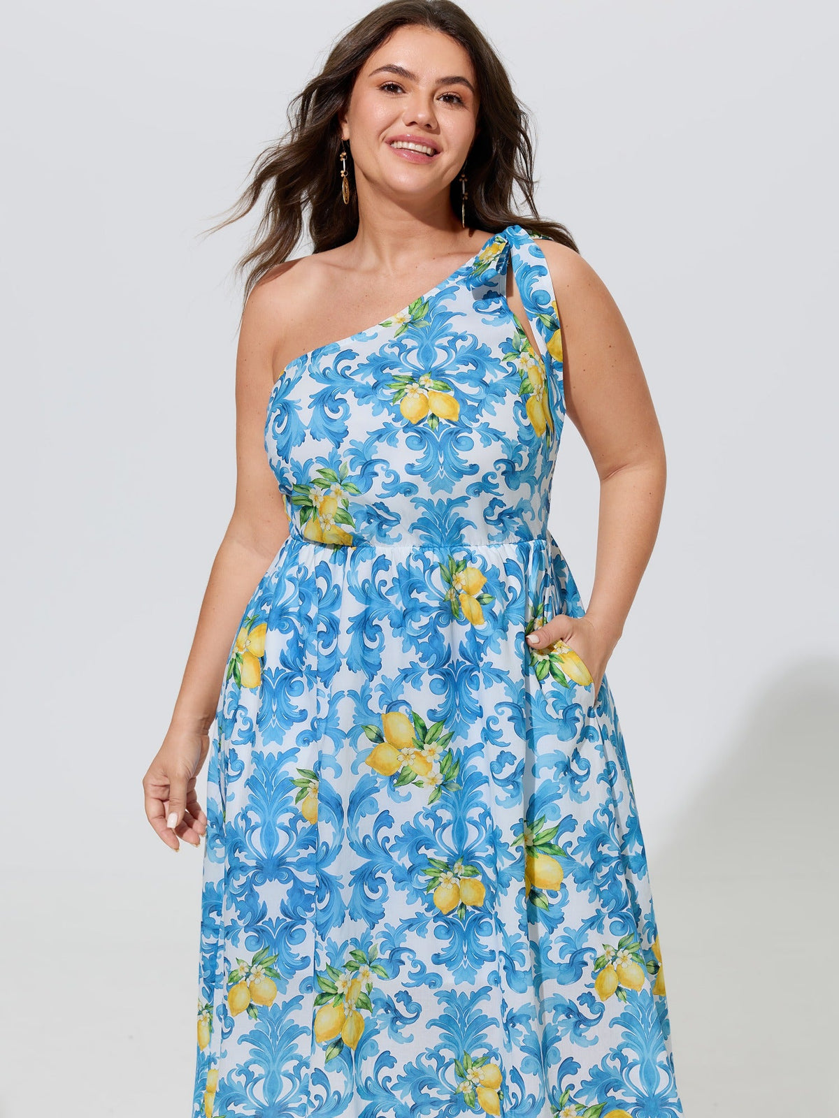 Cotton Lemon Baroque Print One Shoulder Midi Dress