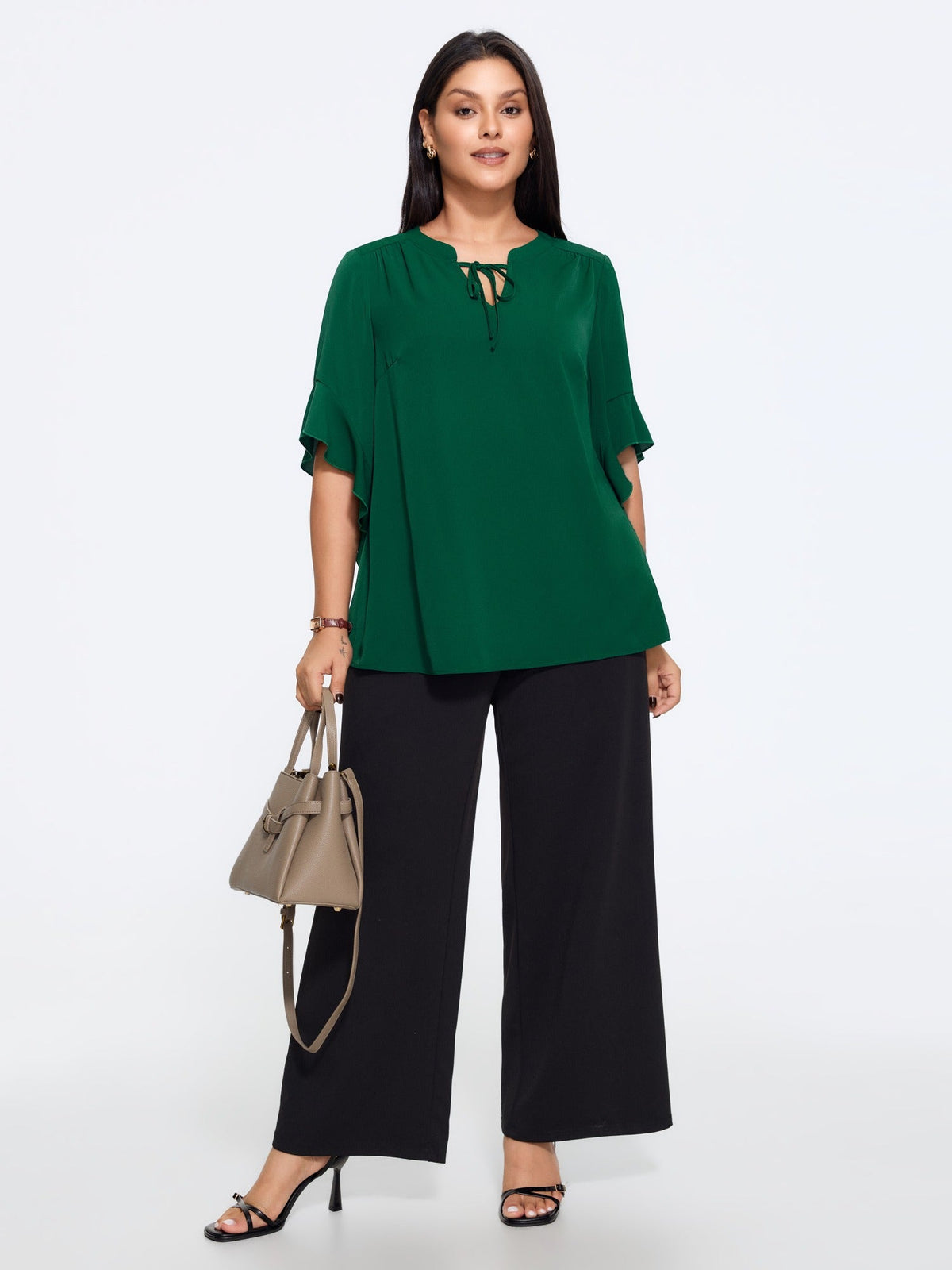 Tie Neck Ruffle Sleeve Blouse