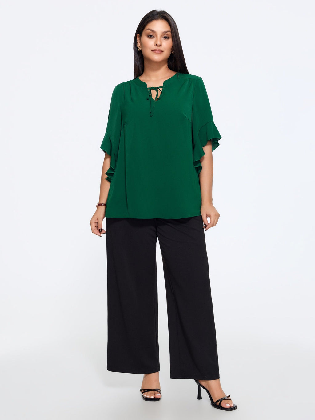 Tie Neck Ruffle Sleeve Blouse
