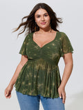 Star Moon Print Stretch Mesh Ruched Front Blouse