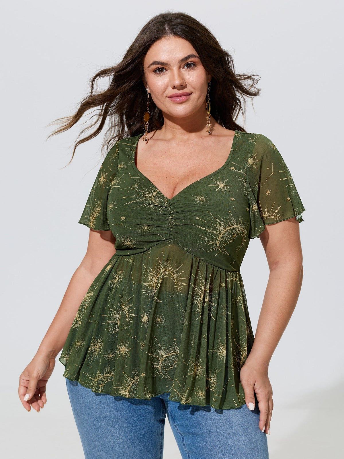Star Moon Print Stretch Mesh Ruched Front Blouse