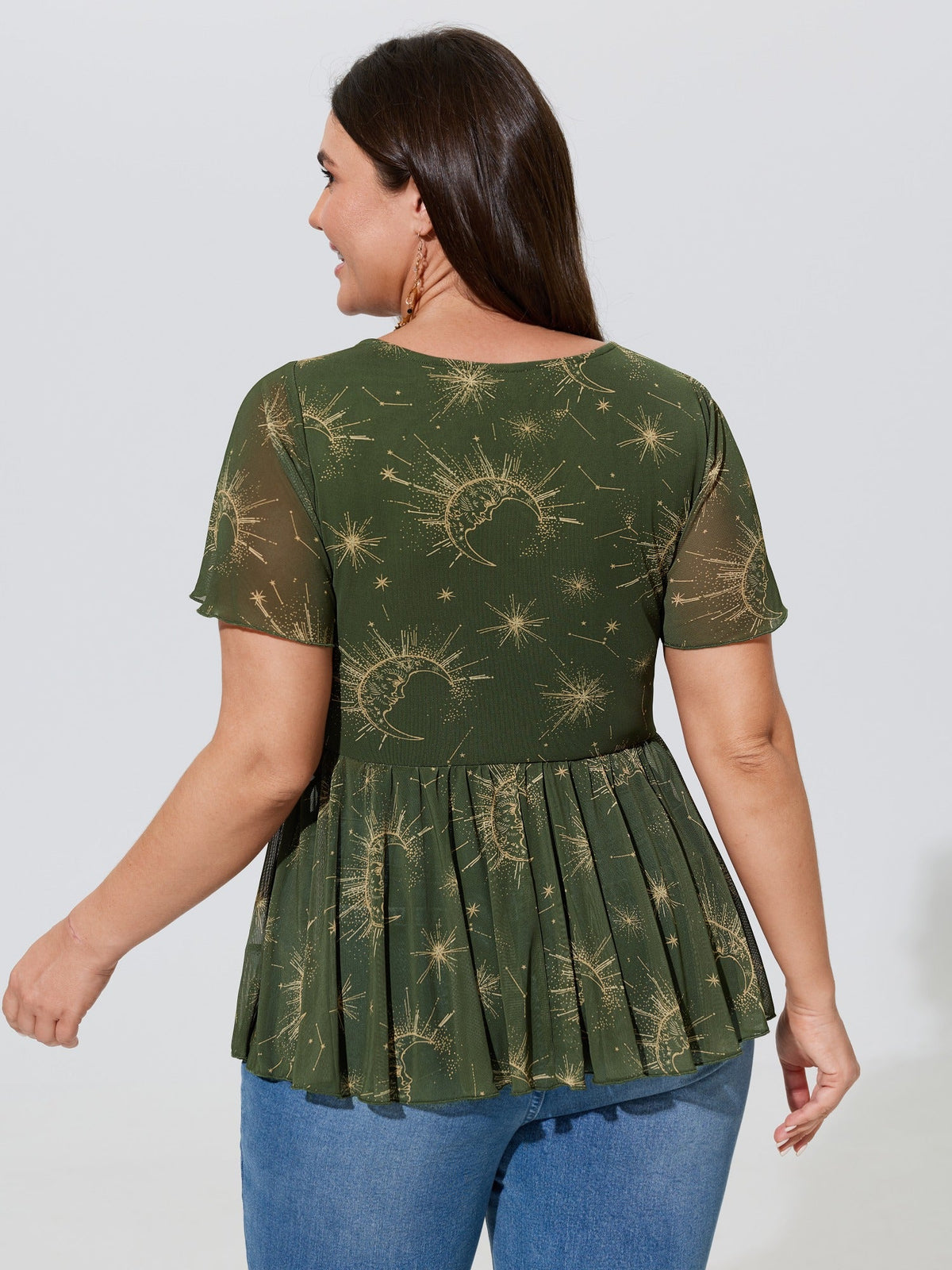 Star Moon Print Stretch Mesh Ruched Front Blouse