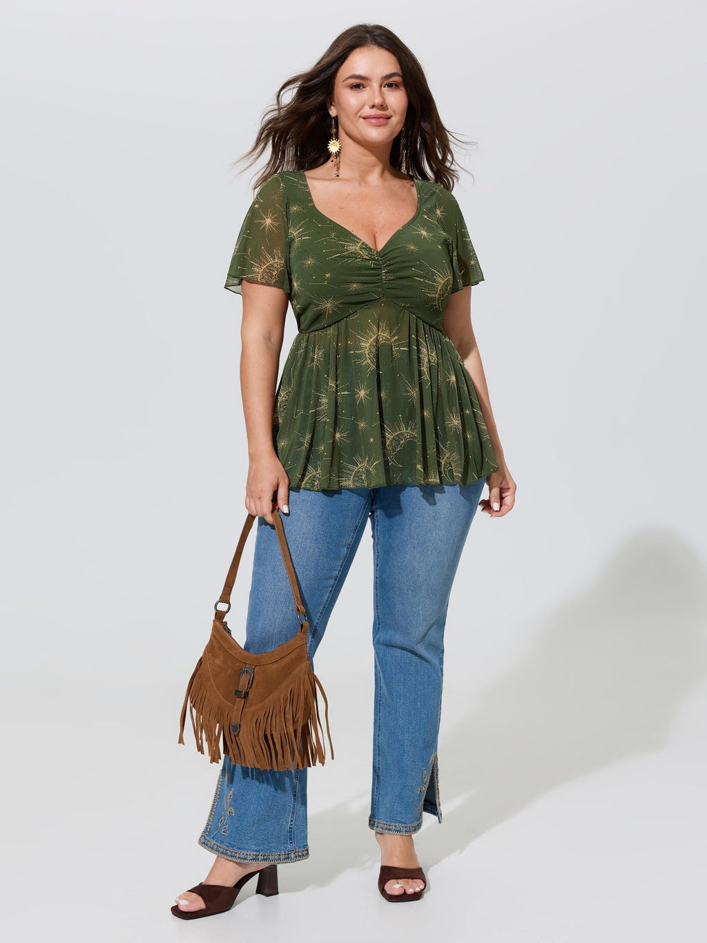 Star Moon Print Stretch Mesh Ruched Front Blouse