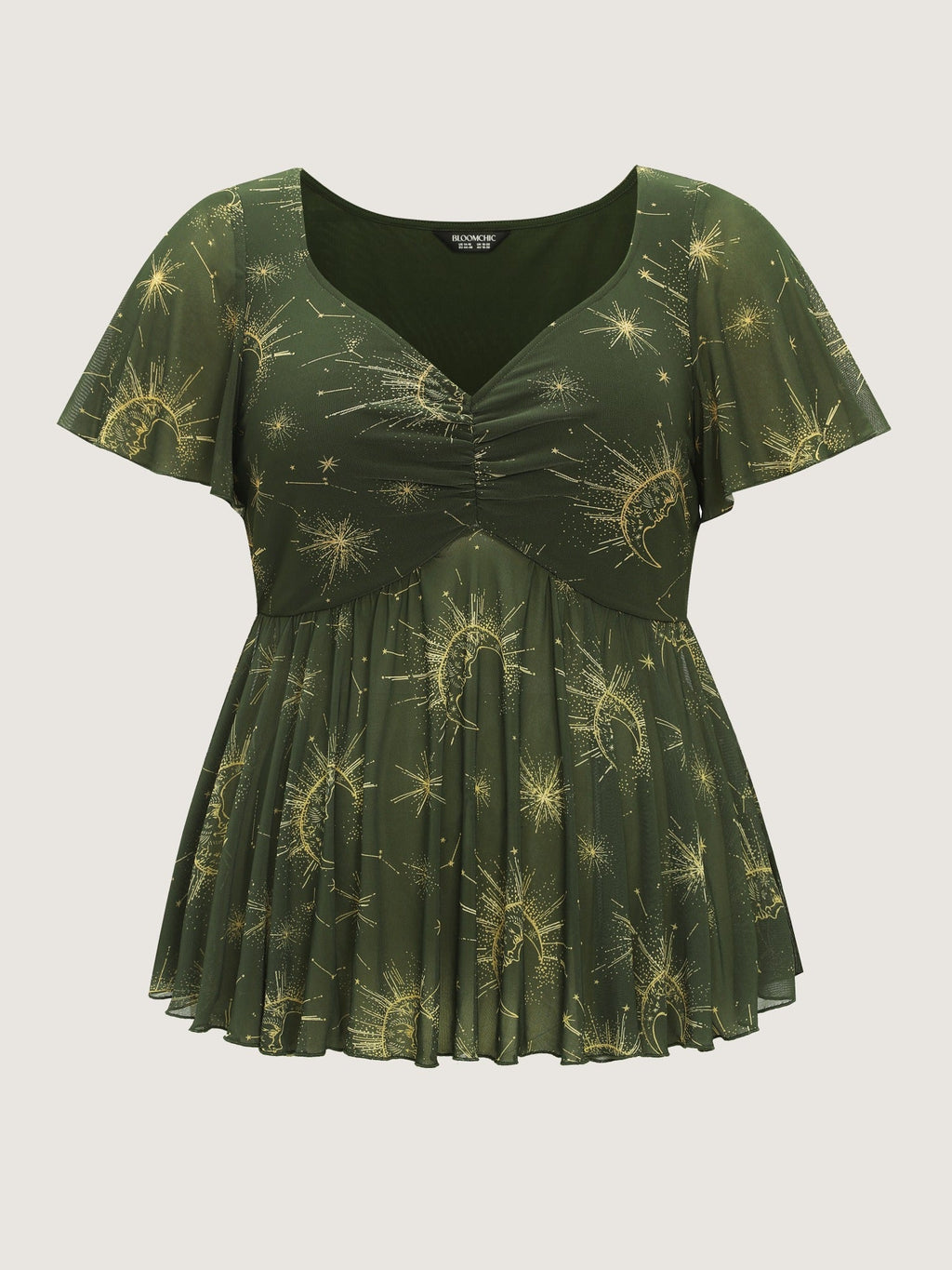 Star Moon Print Stretch Mesh Ruched Front Blouse