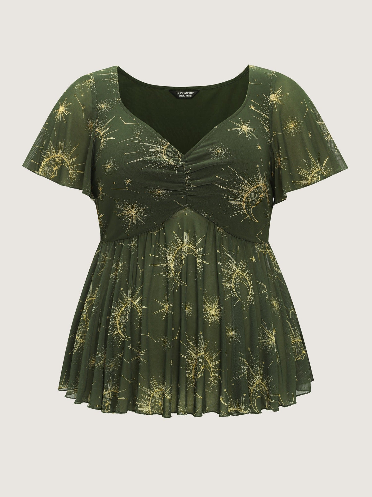 Star Moon Print Stretch Mesh Ruched Front Blouse