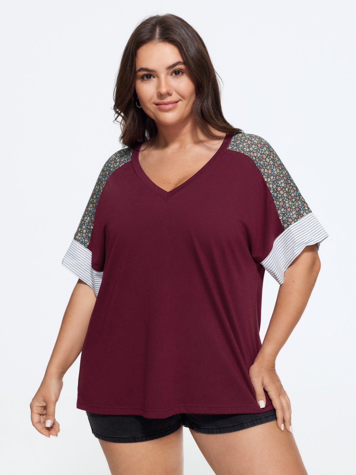 Supersoft Color Contrast Sleeve V-Neck T-Shirt