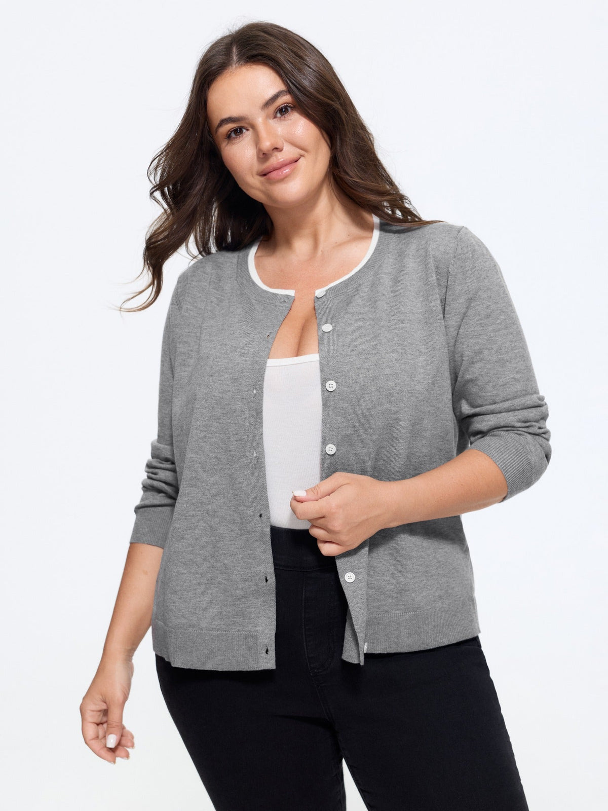 Contrast Trim Crew Neck Knit Cardigan