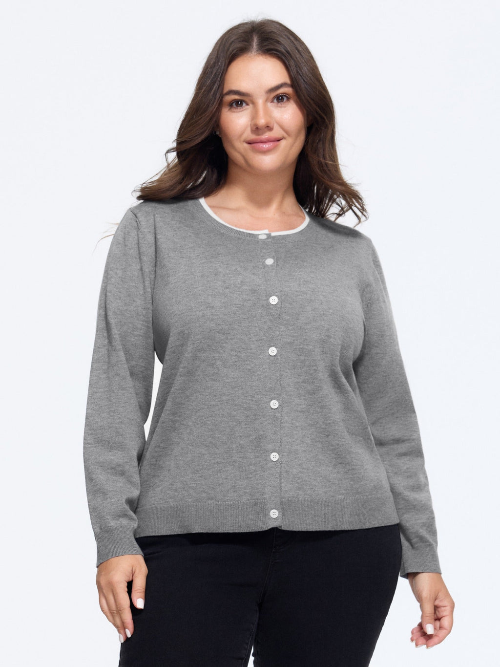 Contrast Trim Crew Neck Knit Cardigan