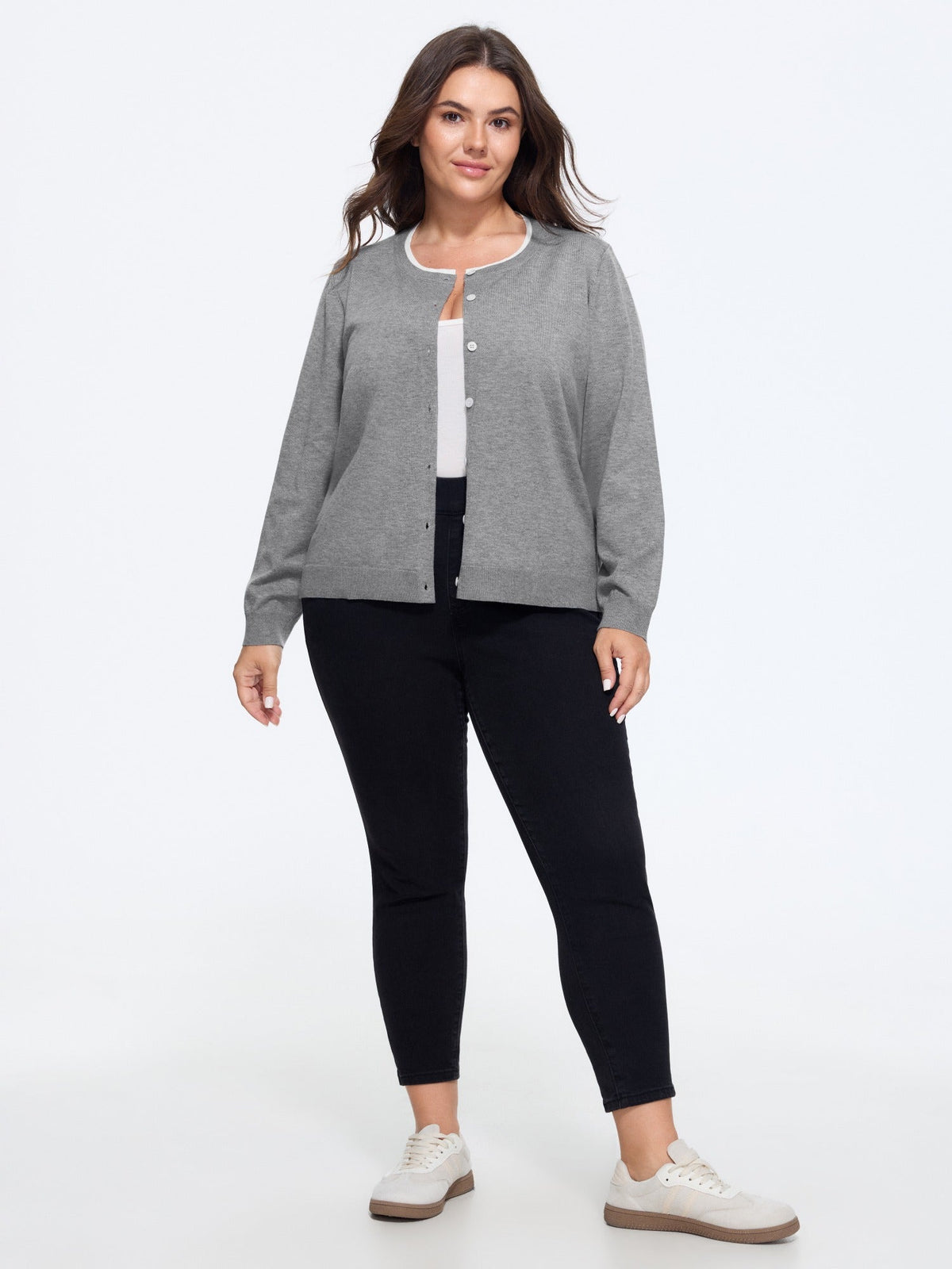 Contrast Trim Crew Neck Knit Cardigan