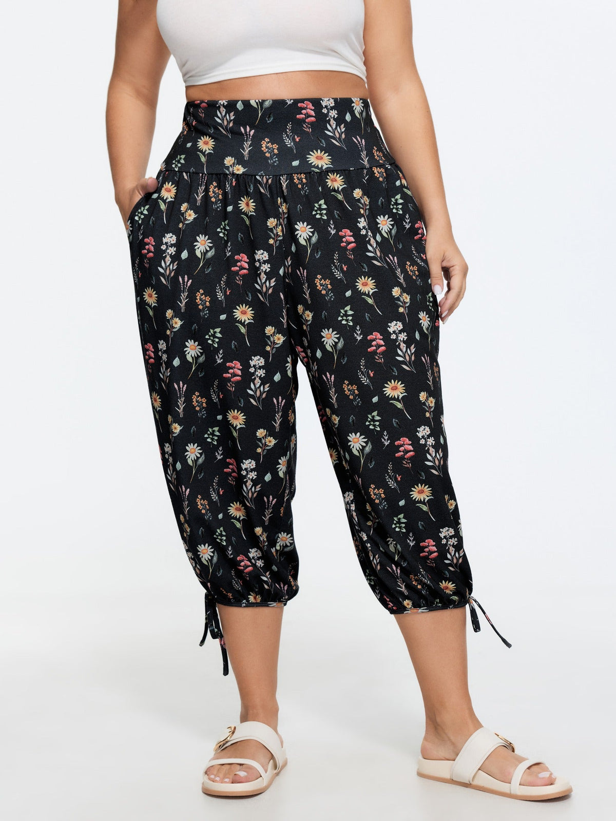 Stretchy Floral Print Drawstring Cuff Pants