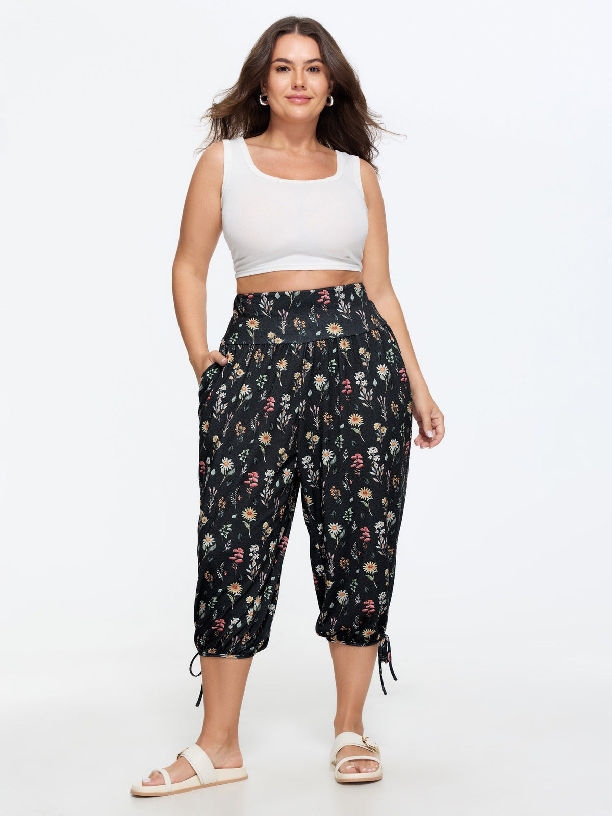 Stretchy Floral Print Drawstring Cuff Pants