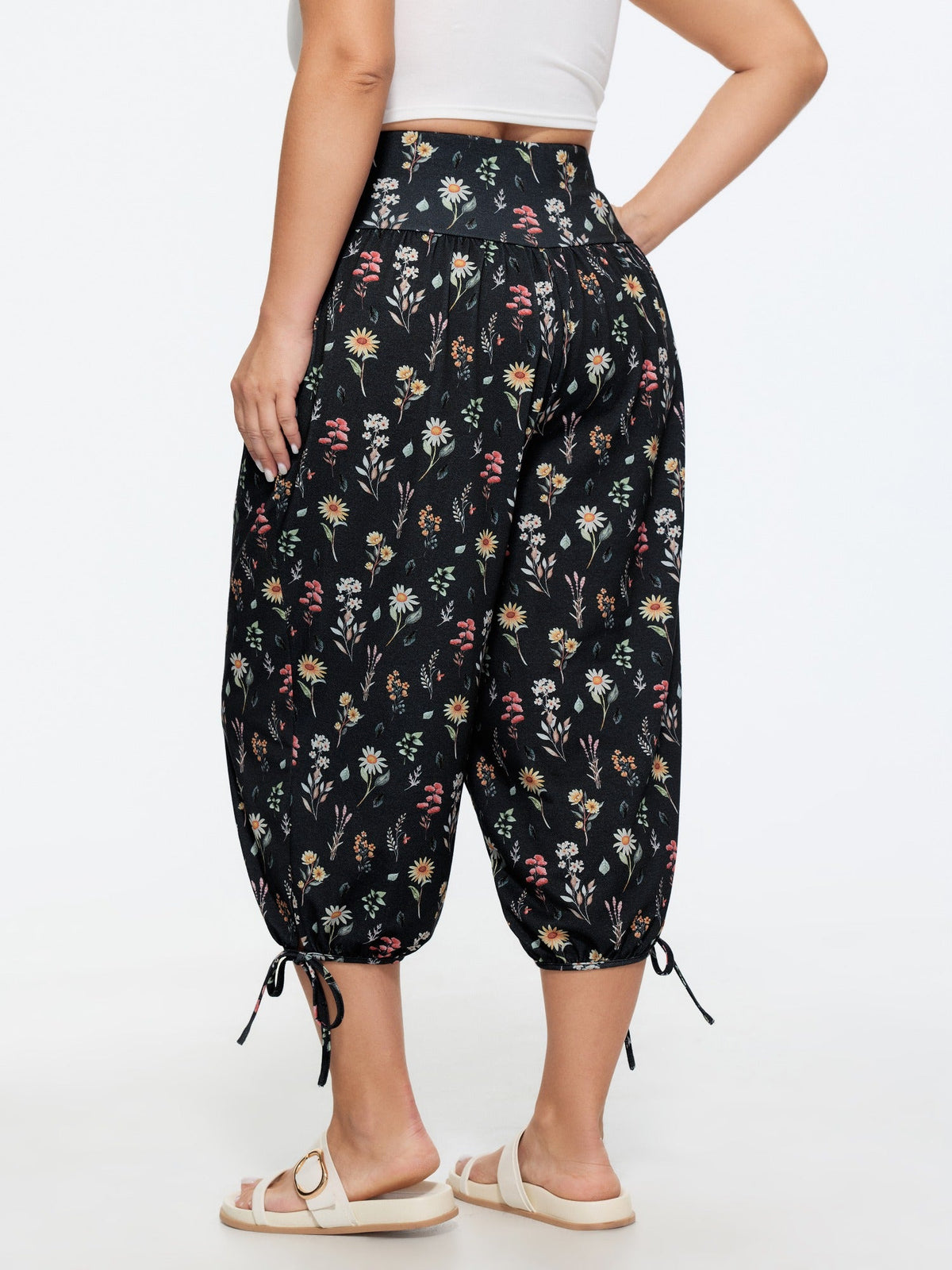 Stretchy Floral Print Drawstring Cuff Pants