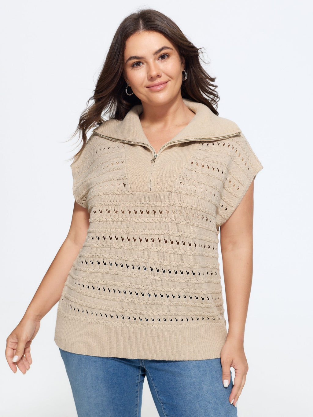 Lapel Collar Half Zip Cut Out Sweater Vest