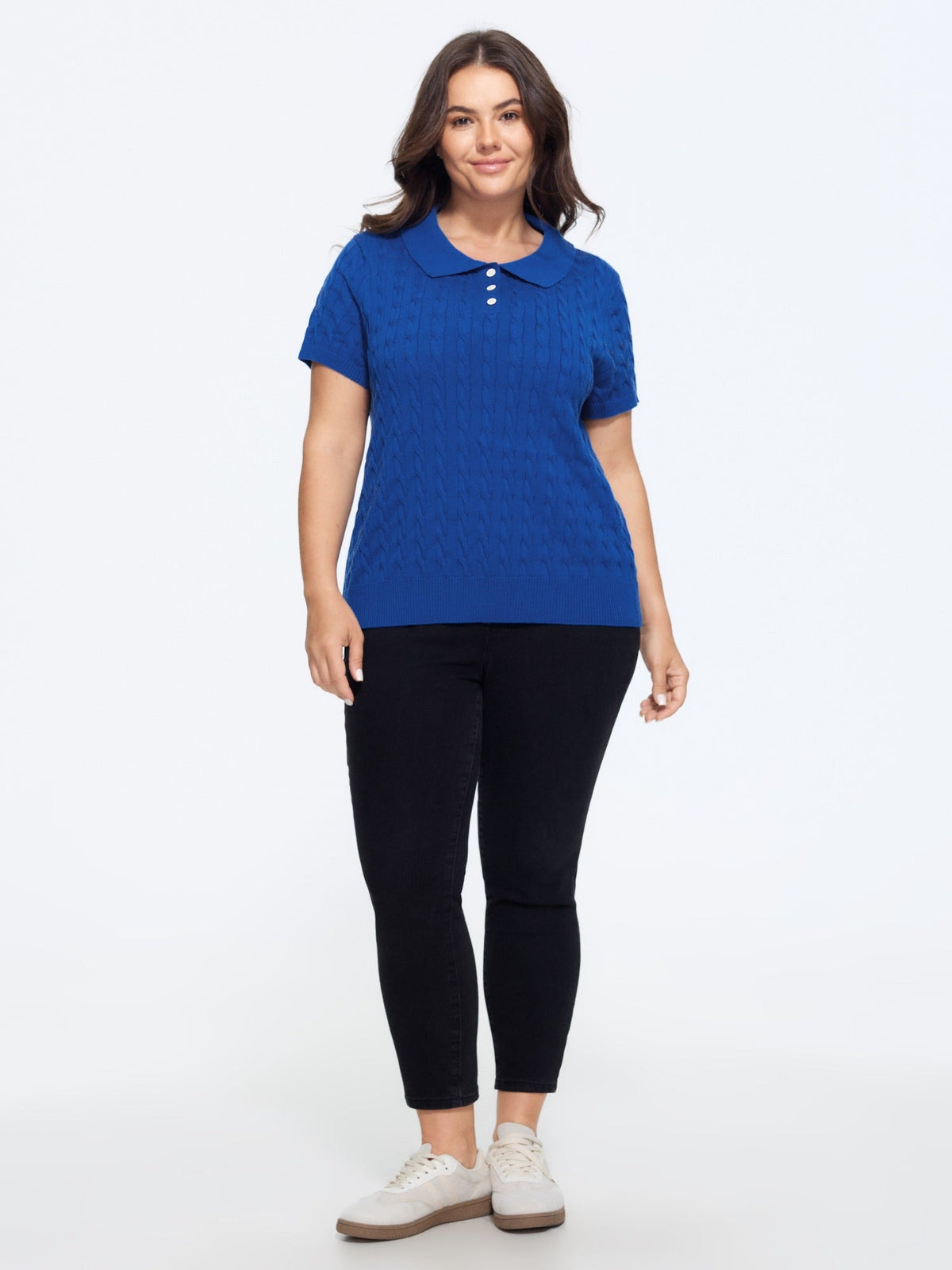 Cable Knit Button Front Short Sleeve Pullover