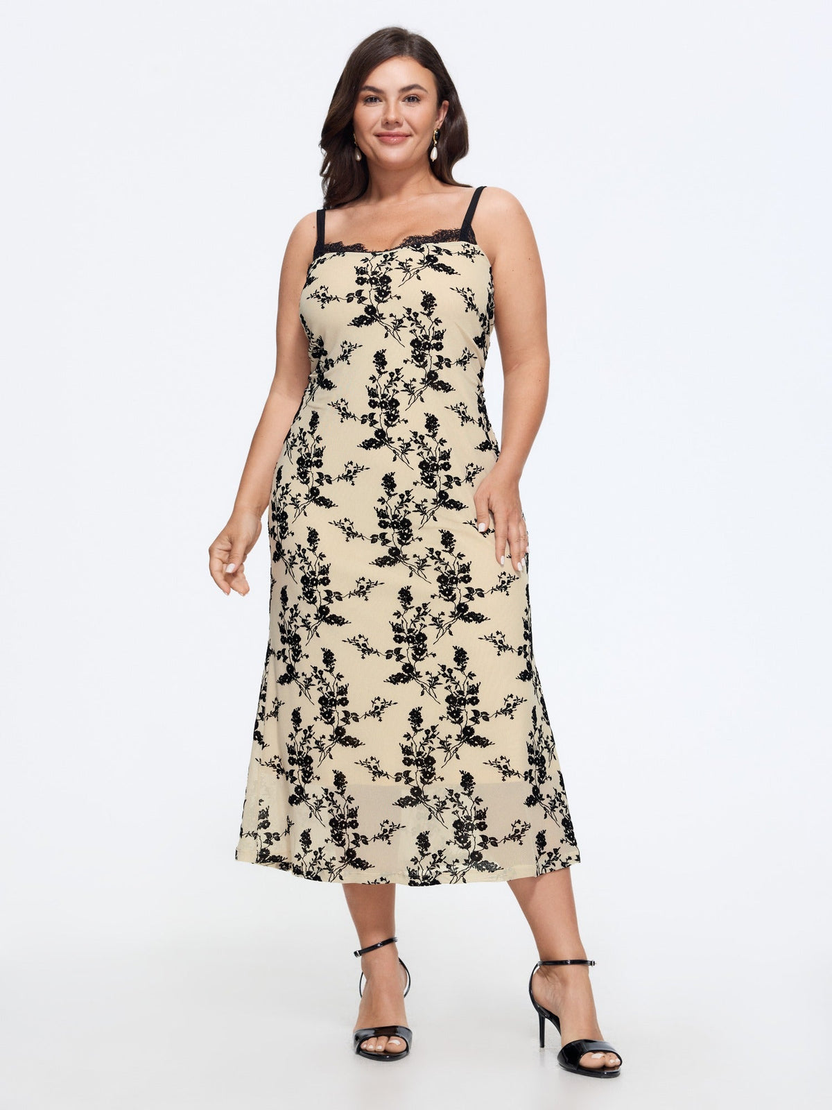 Flocked Floral Lace Trim Cami Midi Dress