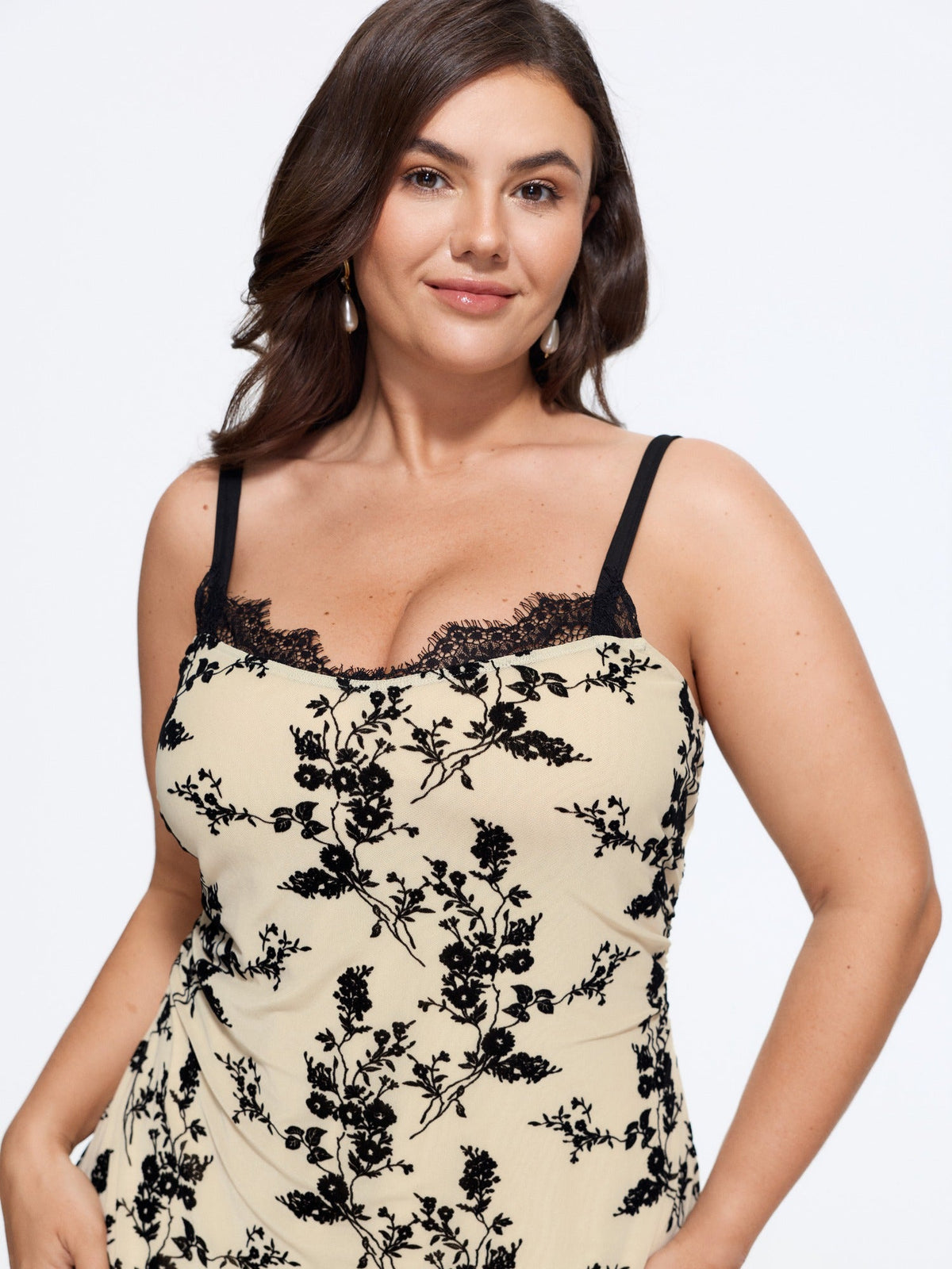 Flocked Floral Lace Trim Cami Midi Dress