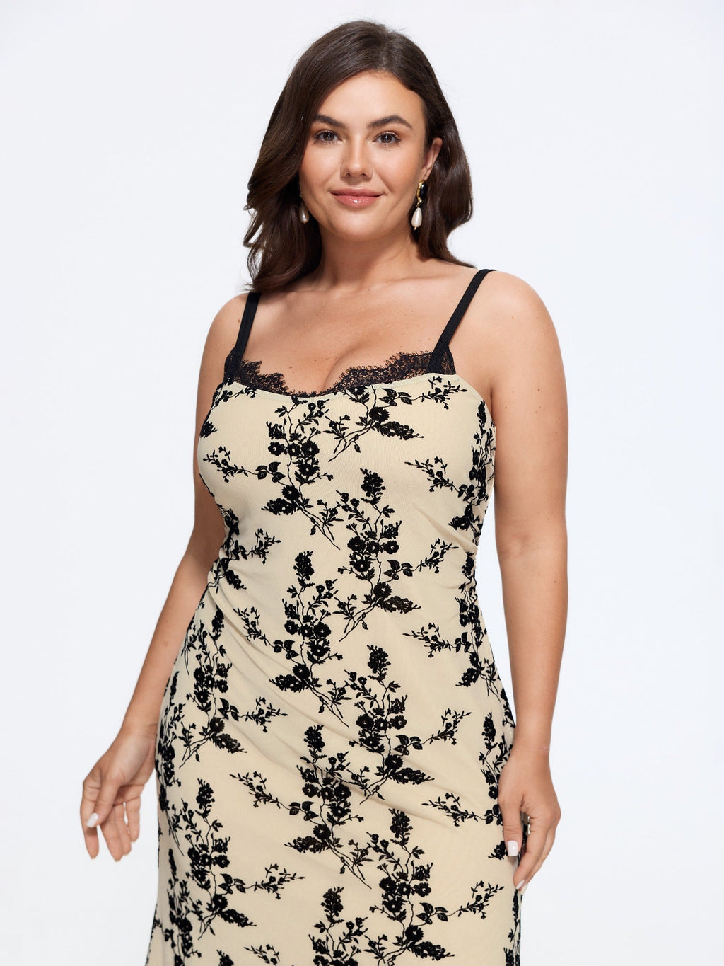 Flocked Floral Lace Trim Cami Midi Dress