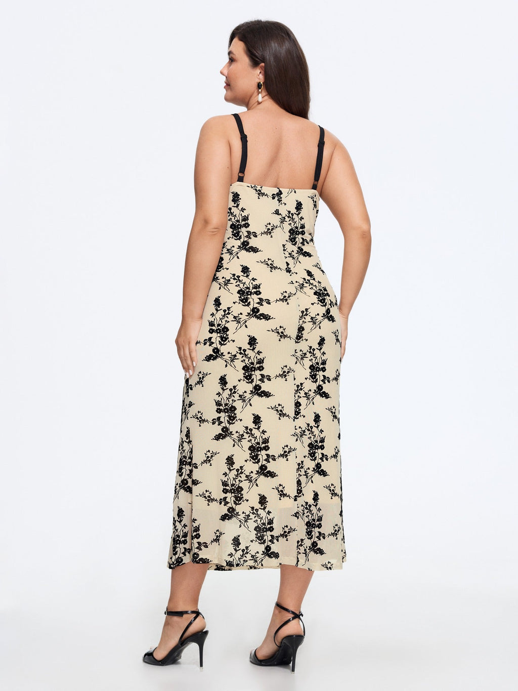 Flocked Floral Lace Trim Cami Midi Dress