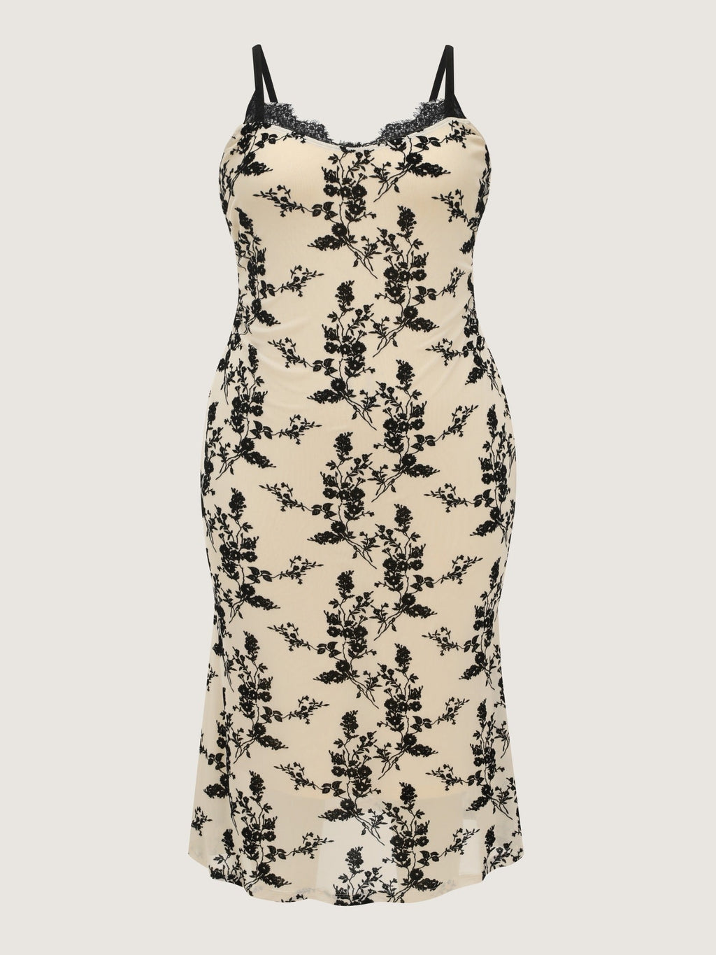 Flocked Floral Lace Trim Cami Midi Dress