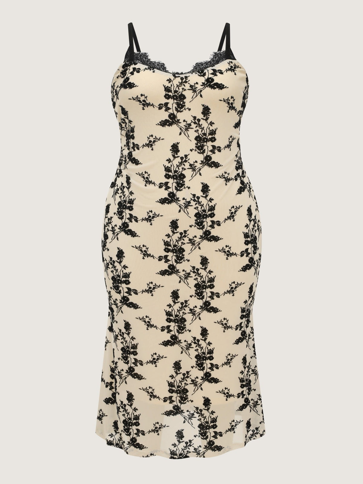 Flocked Floral Lace Trim Cami Midi Dress