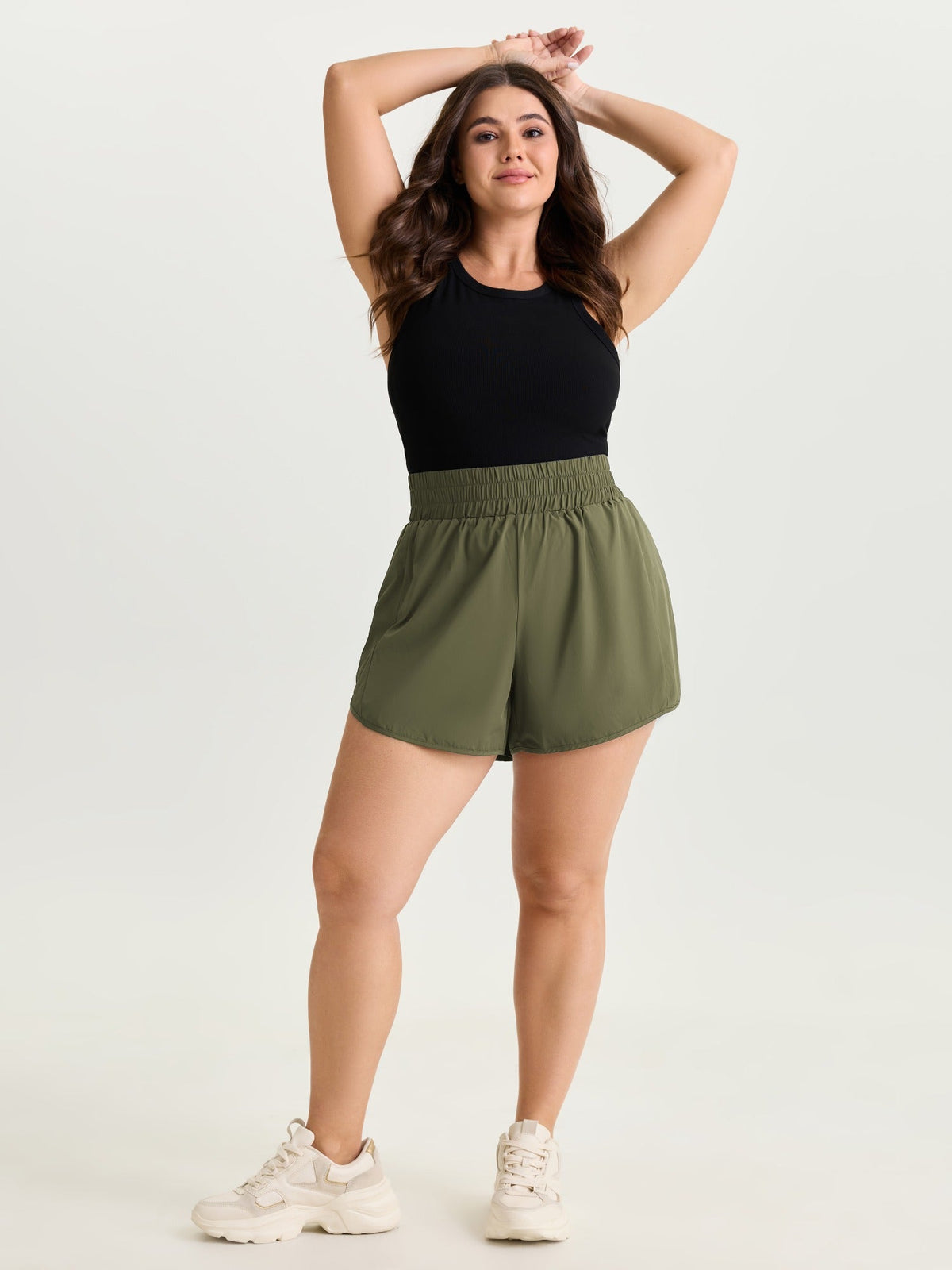 Stretchy Curvy Hem Shirred Waistband Shorts