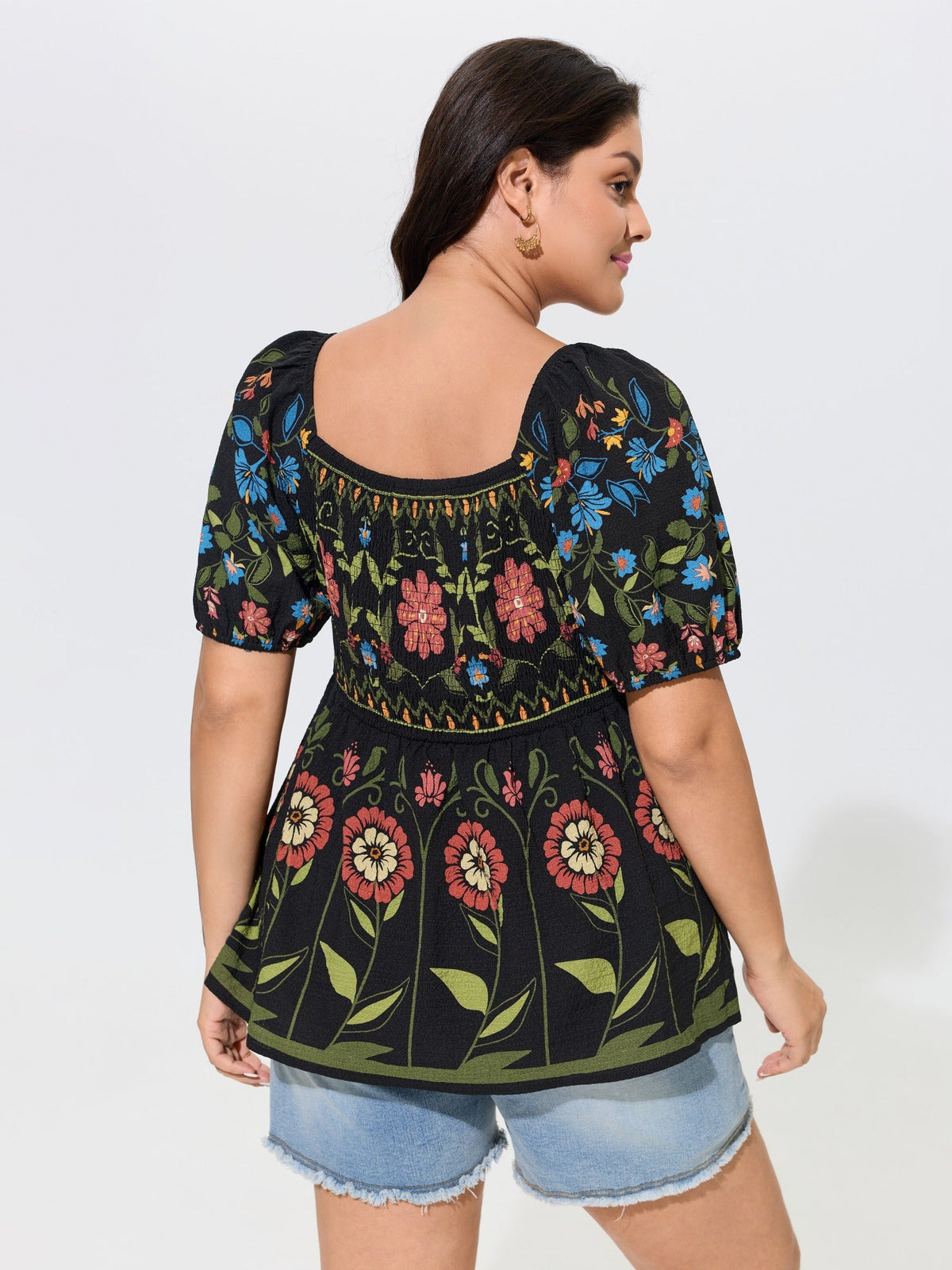 Boho Floral Square Neck Peplum Blouse