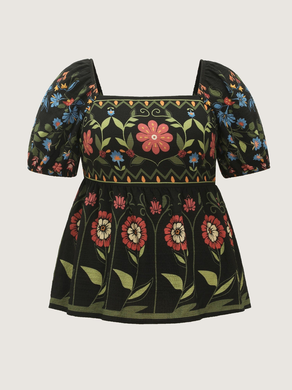 Boho Floral Square Neck Peplum Blouse
