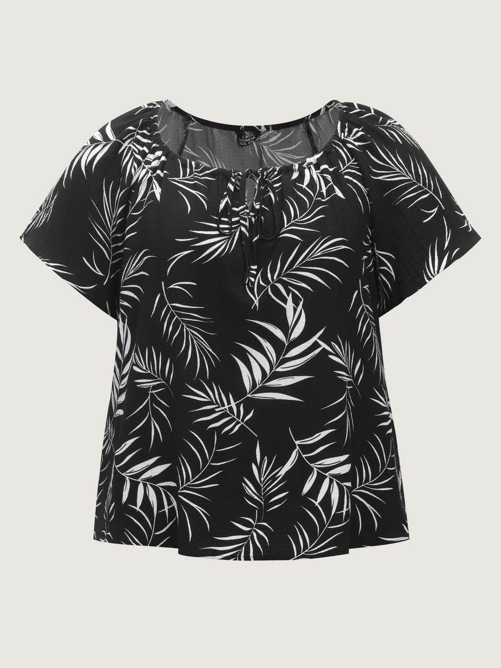 Palm Leaf Print Drawstring Neck Blouse