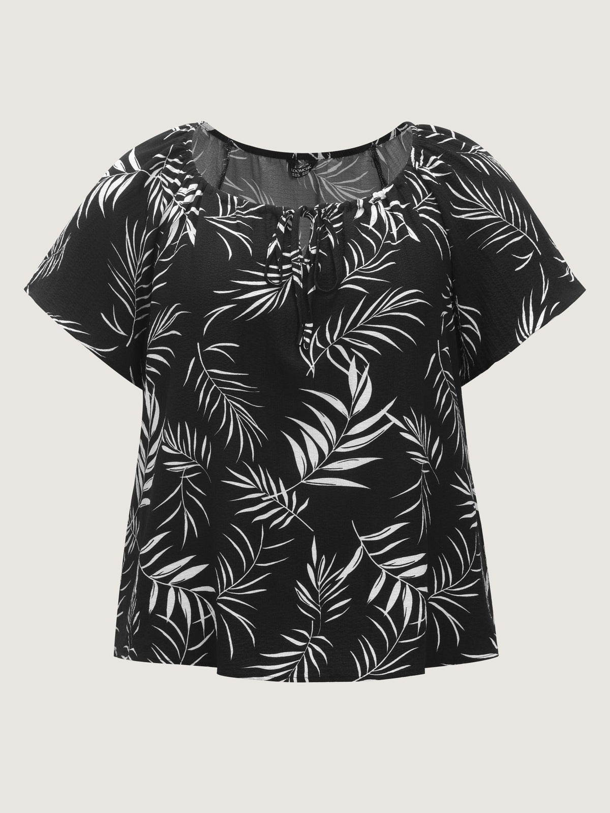 Palm Leaf Print Drawstring Neck Blouse