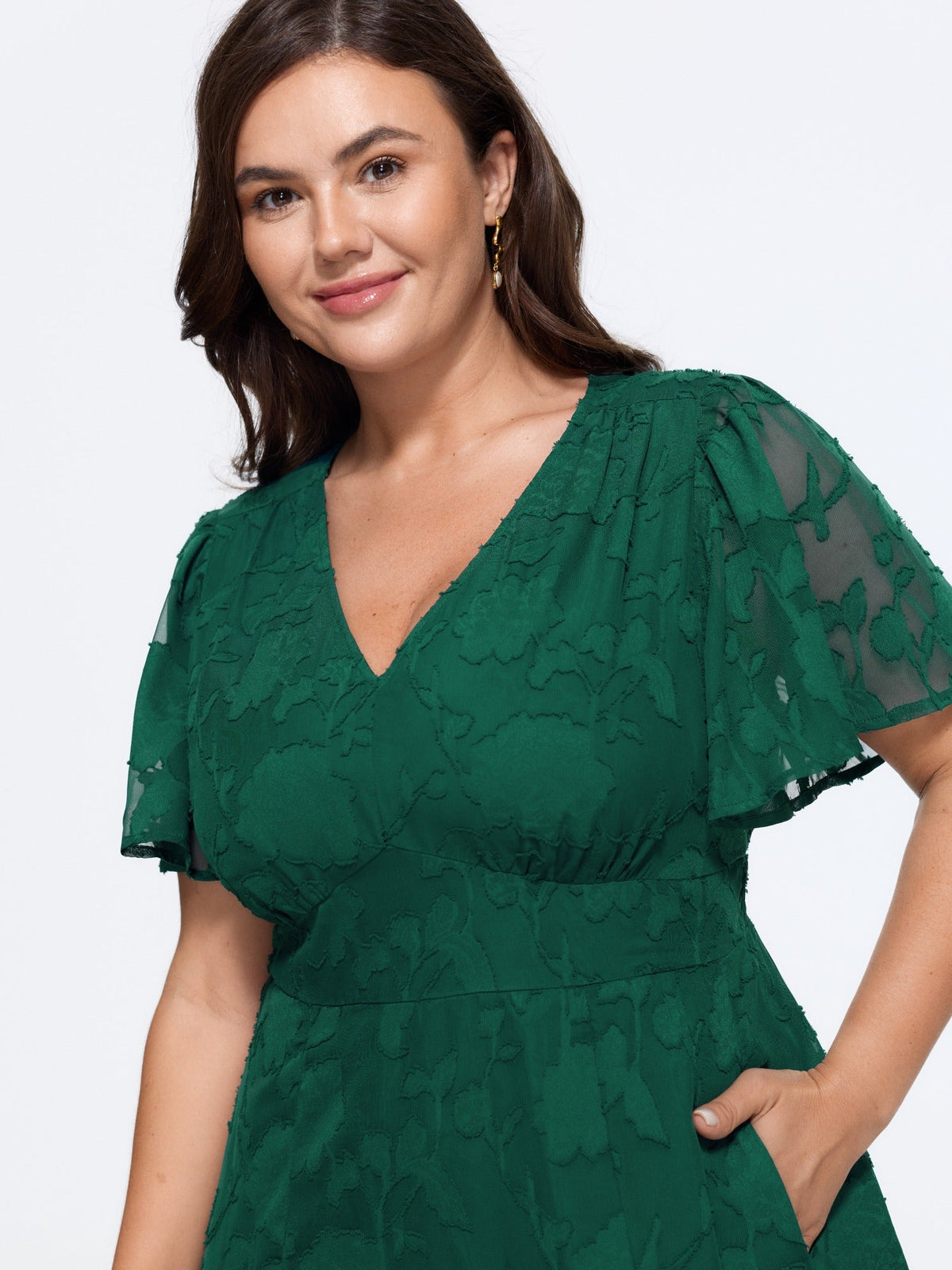 Textured V Neck Shirred Waist Pocket Midi Dress