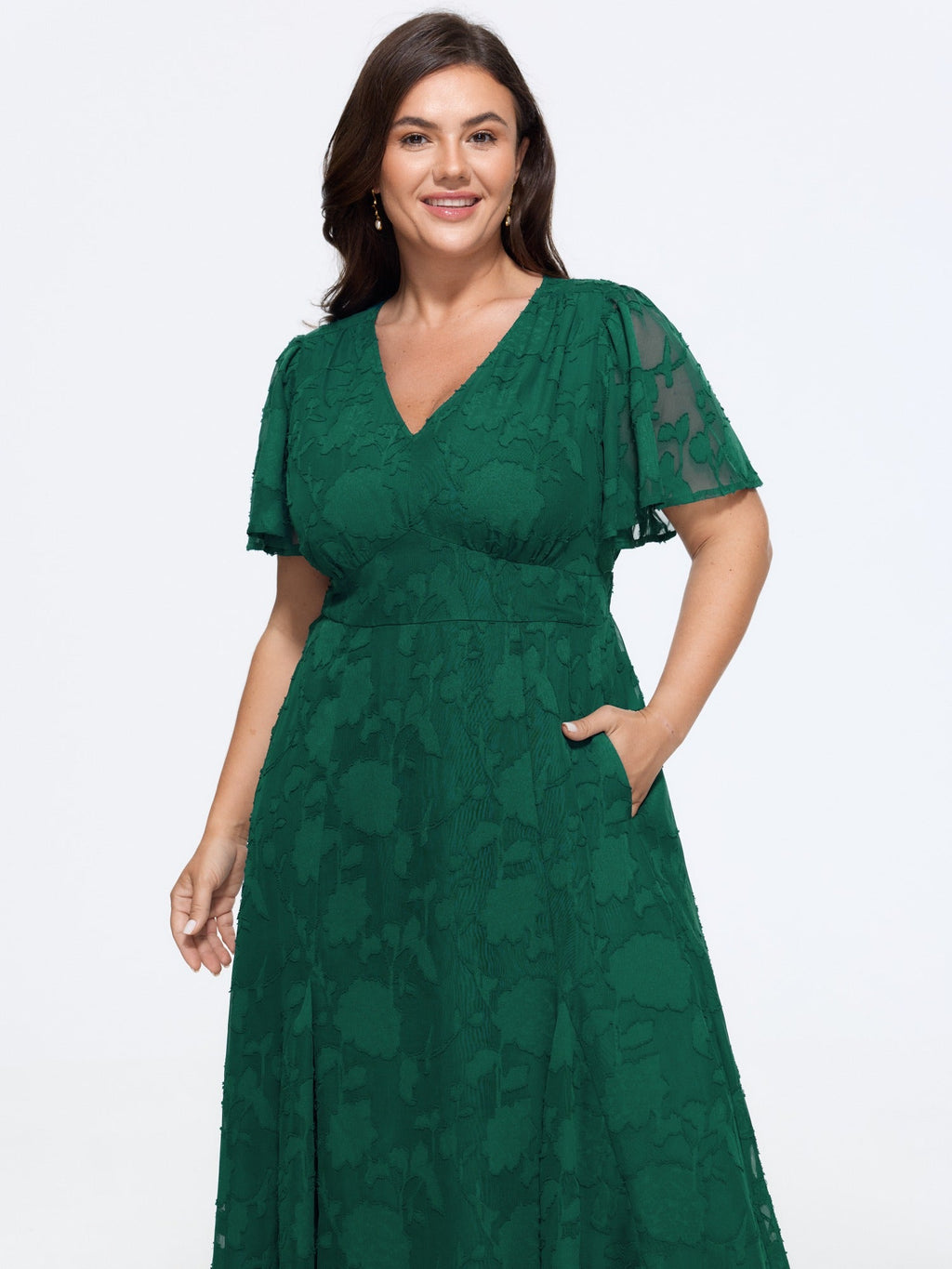 Textured V Neck Shirred Waist Pocket Midi Dress