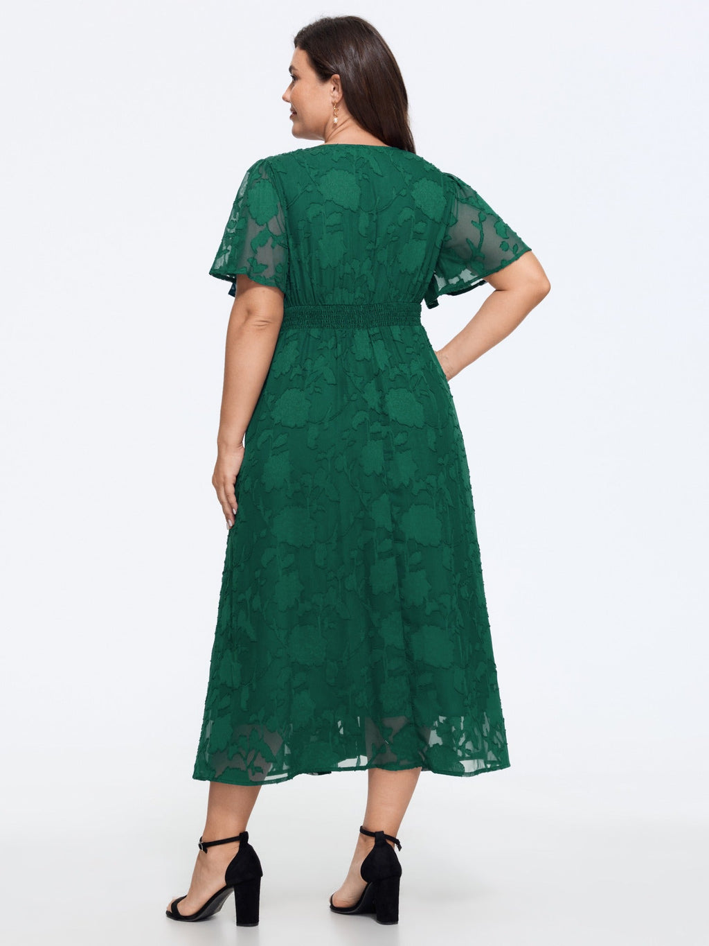 Textured V Neck Shirred Waist Pocket Midi Dress