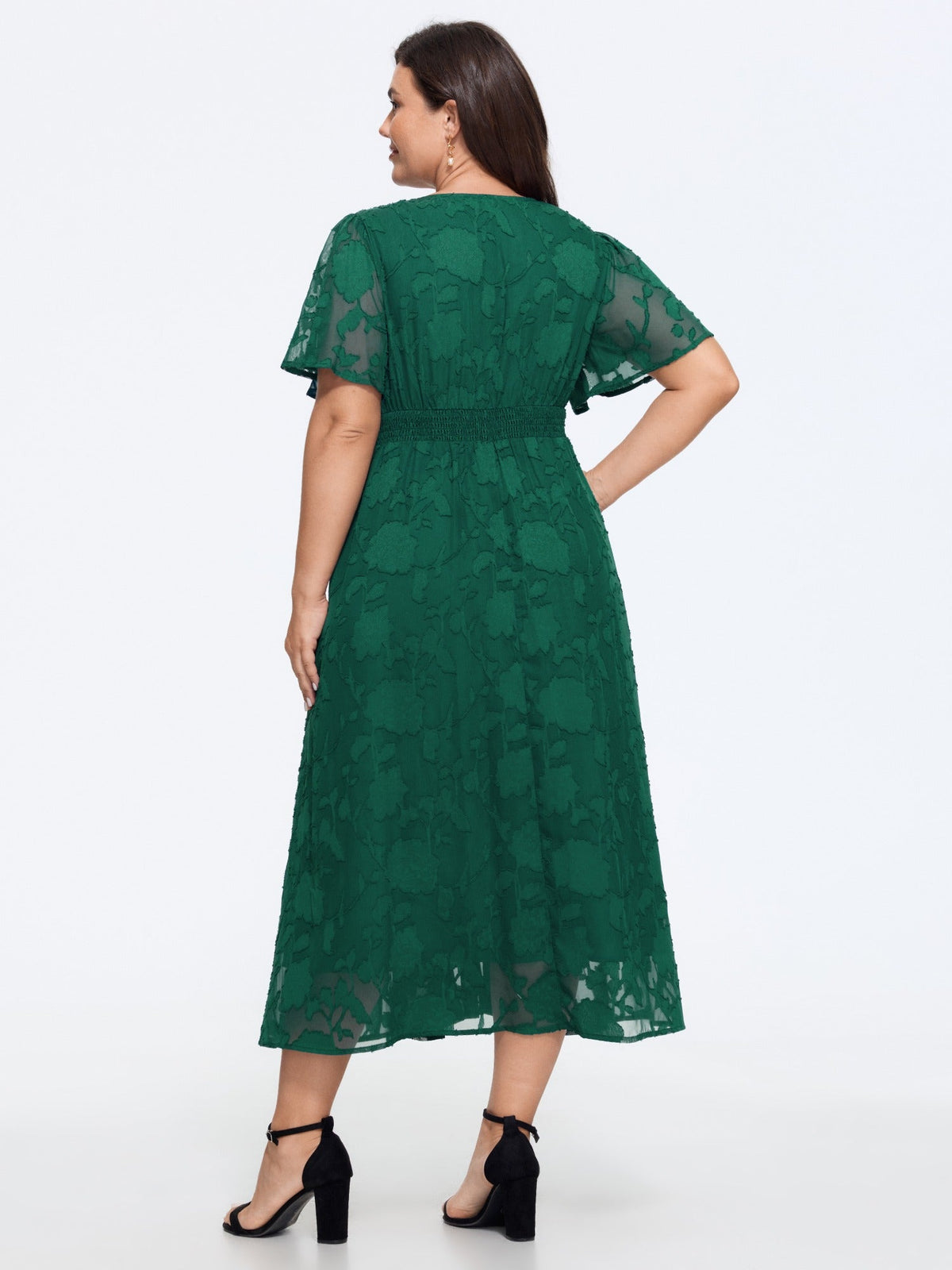 Textured V Neck Shirred Waist Pocket Midi Dress