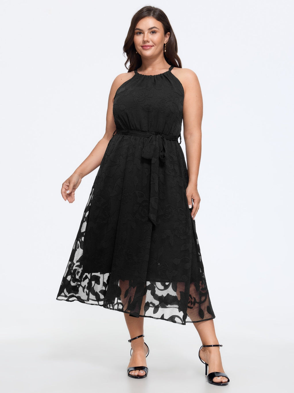 Halter Neck Laser Cut Self Tie Waist Midi Dress