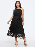 Halter Neck Laser Cut Self Tie Waist Midi Dress