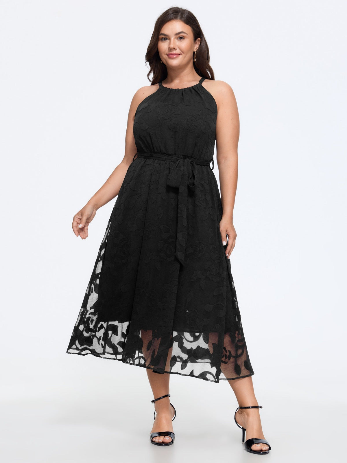 Halter Neck Laser Cut Self Tie Waist Midi Dress