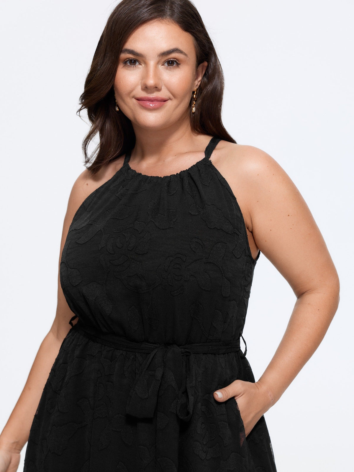 Halter Neck Laser Cut Self Tie Waist Midi Dress