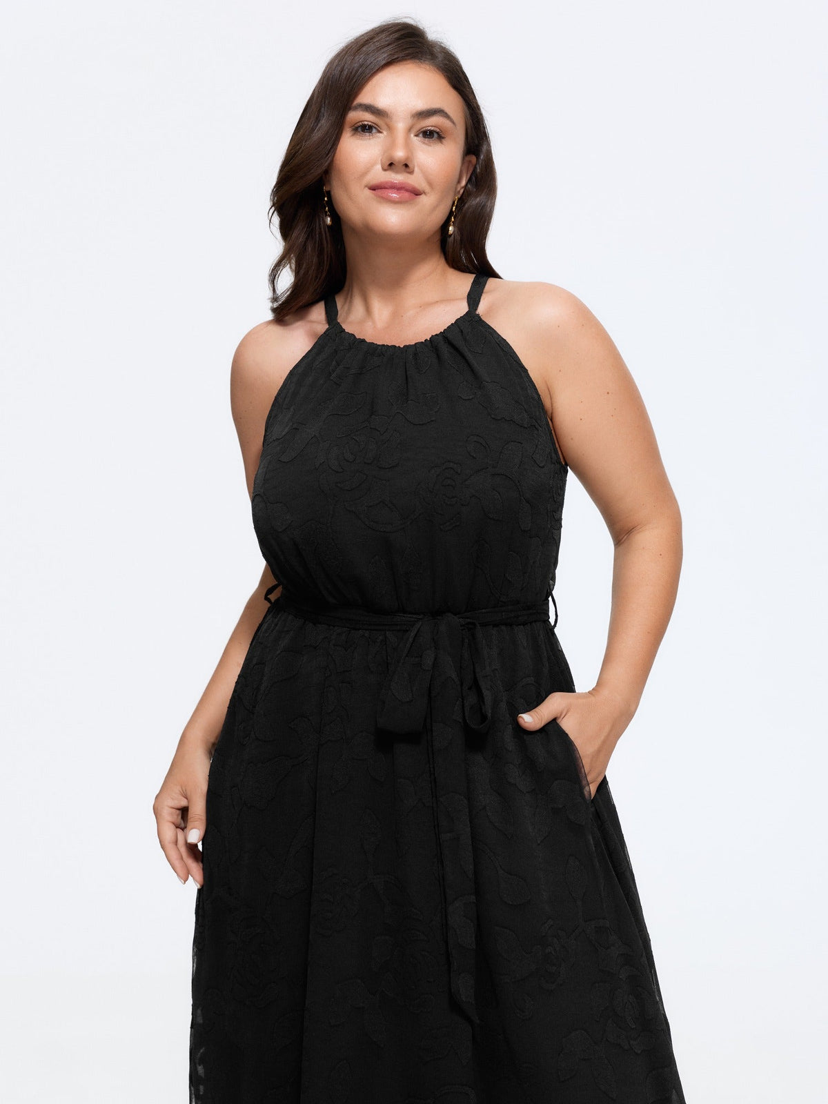 Halter Neck Laser Cut Self Tie Waist Midi Dress