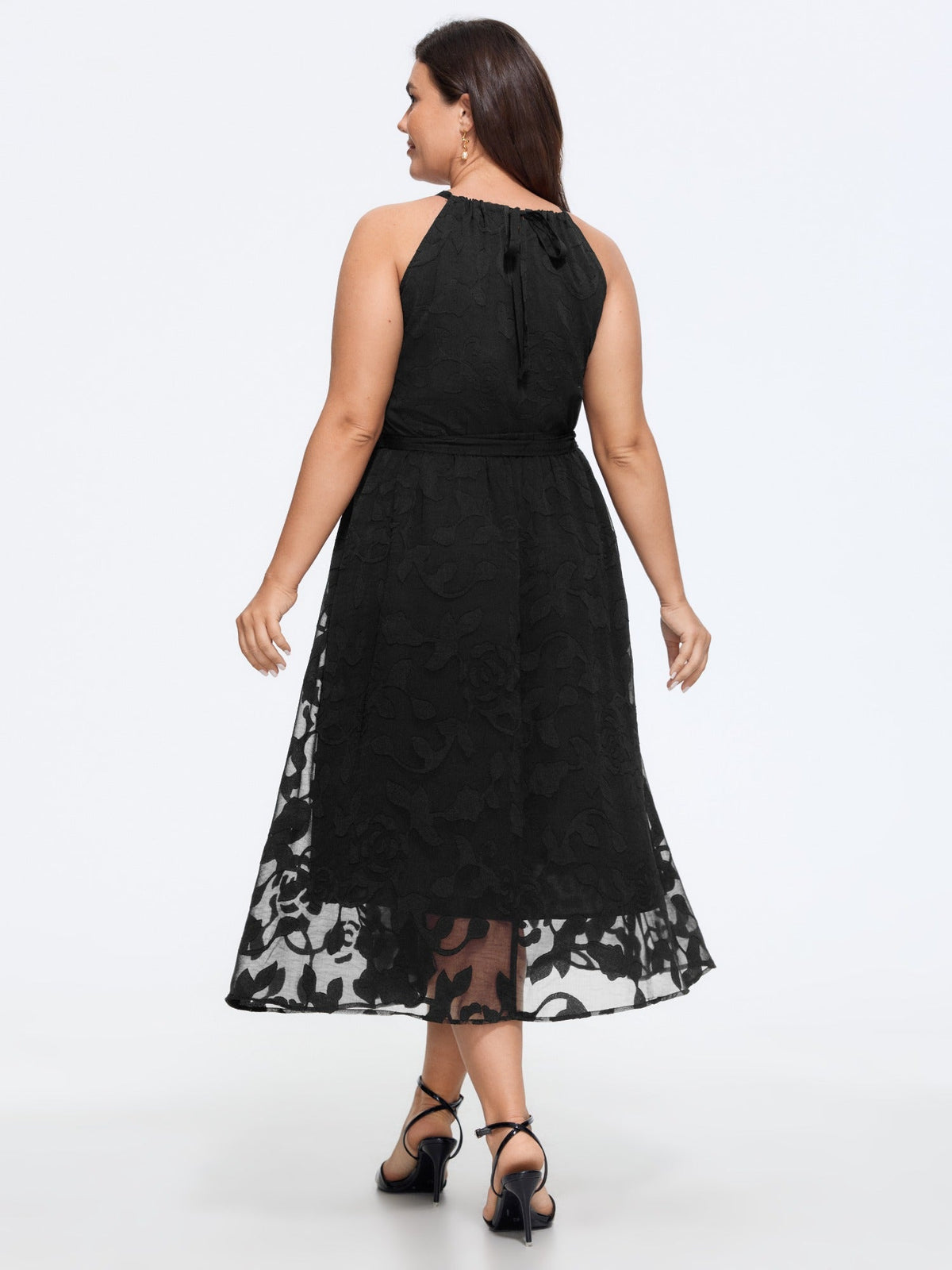 Halter Neck Laser Cut Self Tie Waist Midi Dress