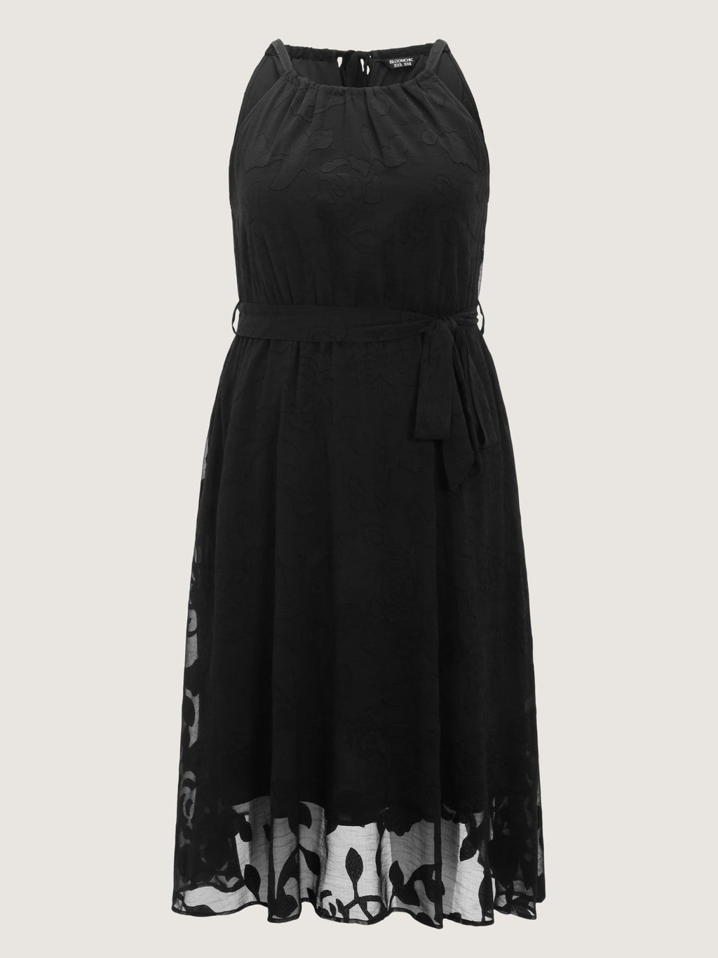 Halter Neck Laser Cut Self Tie Waist Midi Dress