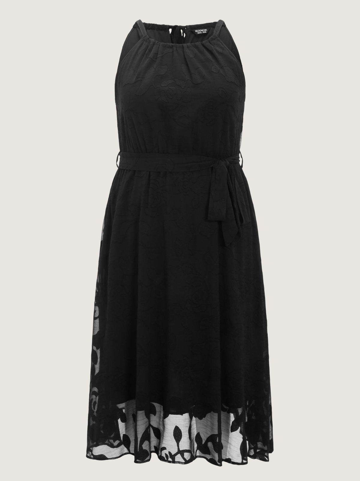 Halter Neck Laser Cut Self Tie Waist Midi Dress