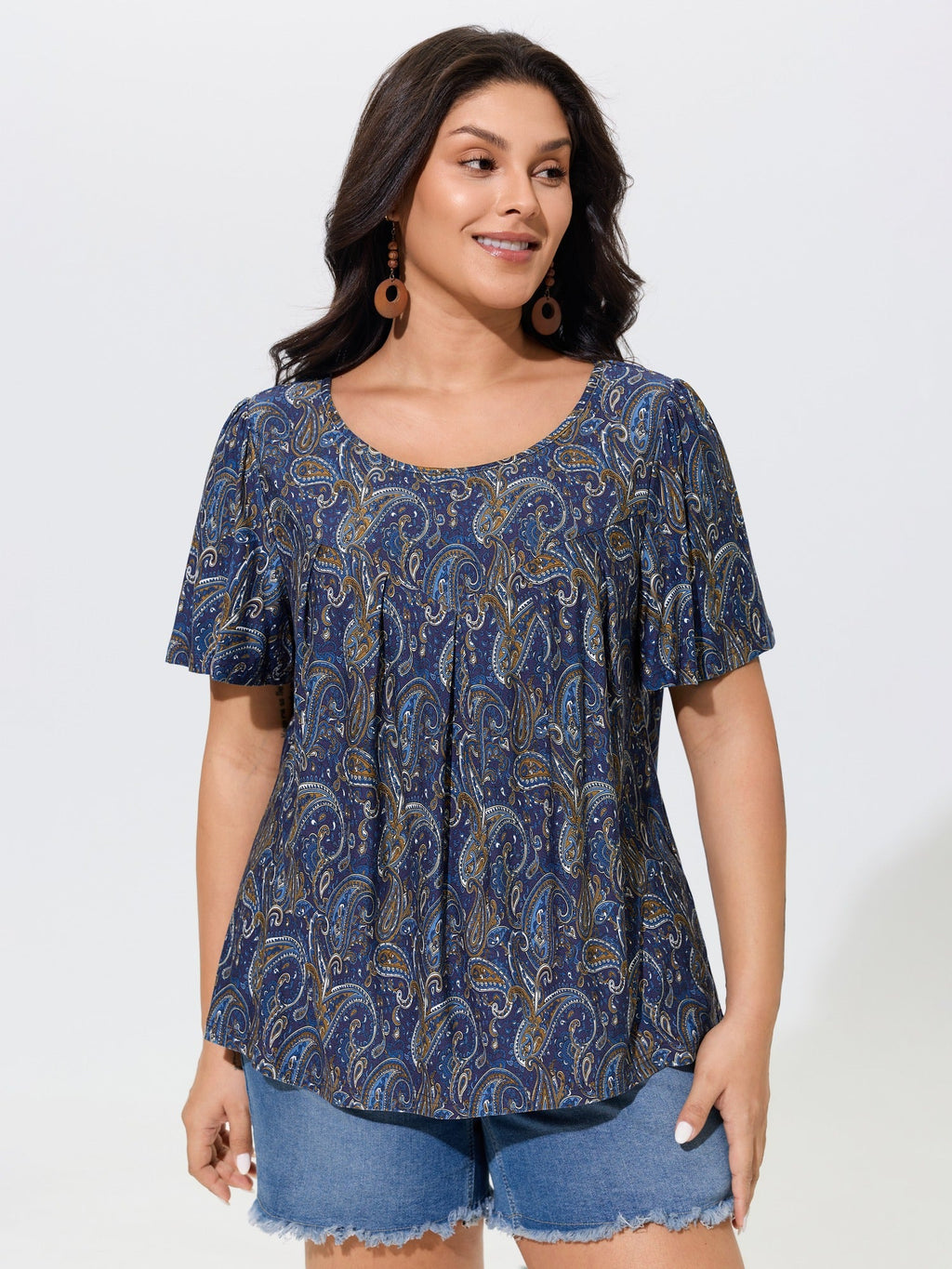Paisley Print Round Neck Front Pleated Top